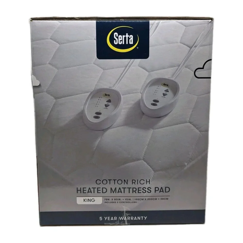 Serta Cotton Rich King Heated Mattress Pad Deep Fit, 5 Settings + 2 Controllers